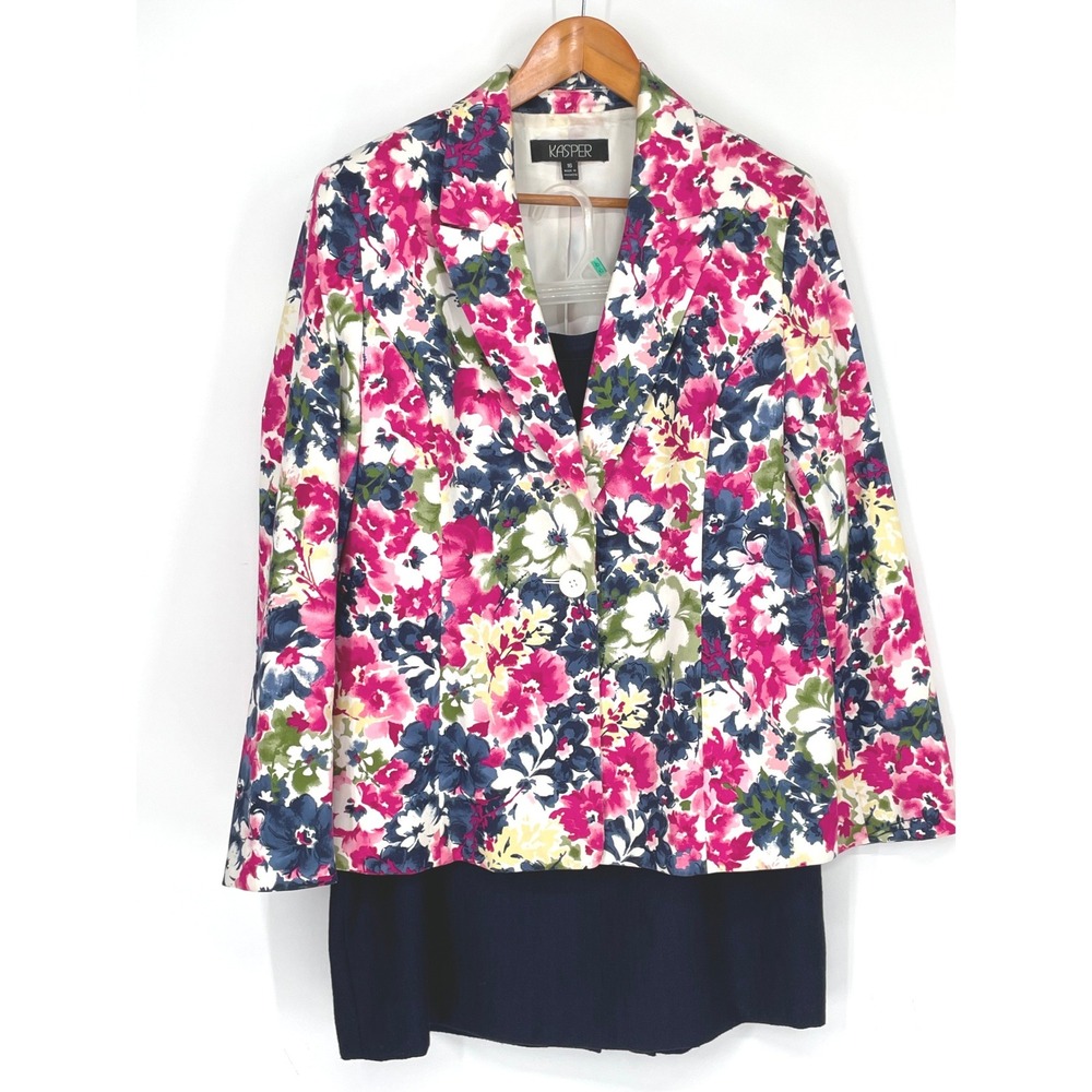 Good Kasper Women Set 16 Skirt‎ Suit Multi Floral Blazer Navy Skirt Professional